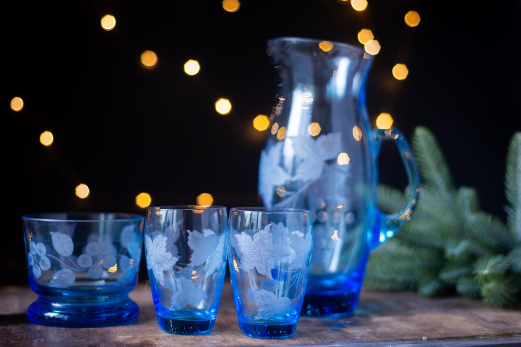 Vintage Blue Glass Drinkware Set with Pitcher, Wine Glasses, Water Tumblers & Candy Bowl, 1970s