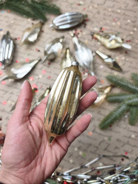 Vintage Silver Glass Christmas Ornaments, Ribbed Icicles and Lantern Bauble Sets