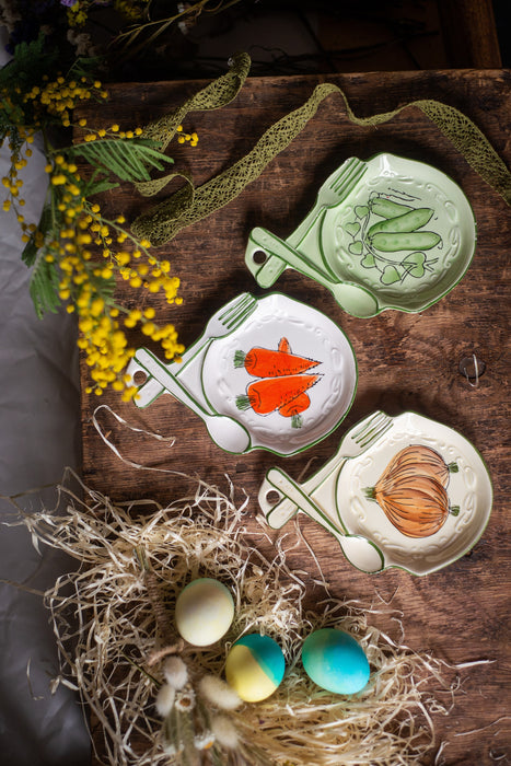 Small vintage ceramic appetizers plates, carrot, onion, cucumber pattern, Rustic tableware