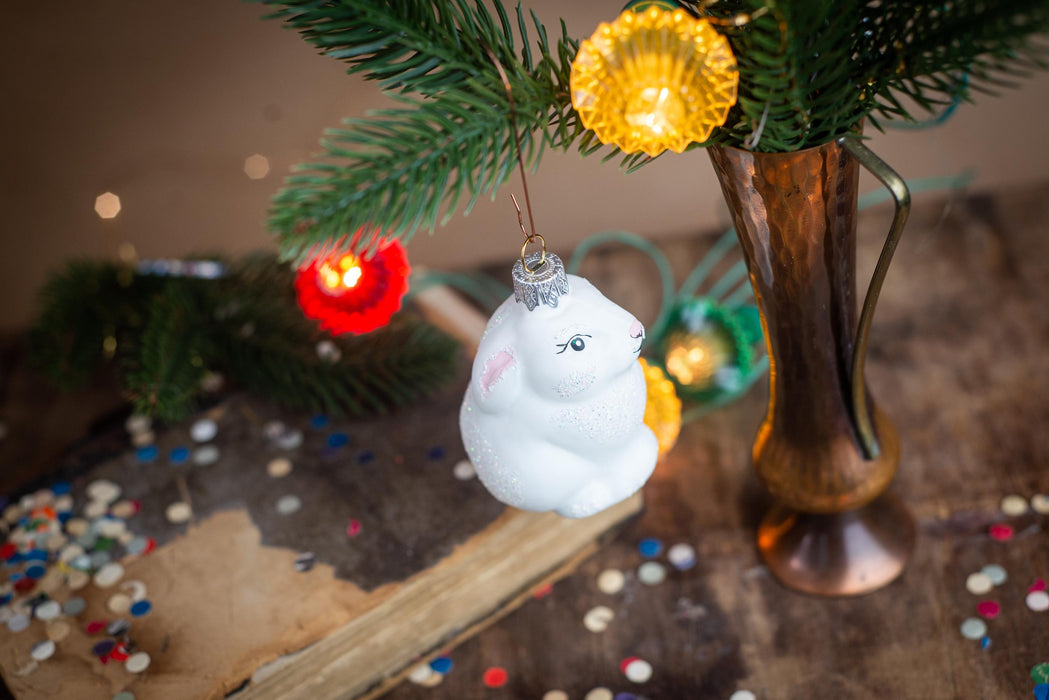 Glass rabbit ornament, Christmas ornament, white rabbit Xmas tree decoration, woodland rustic Christmas decor