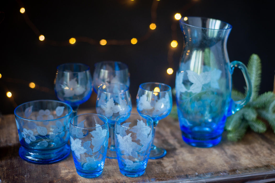 Vintage Blue Glass Drinkware Set with Pitcher, Wine Glasses, Water Tumblers & Candy Bowl, 1970s