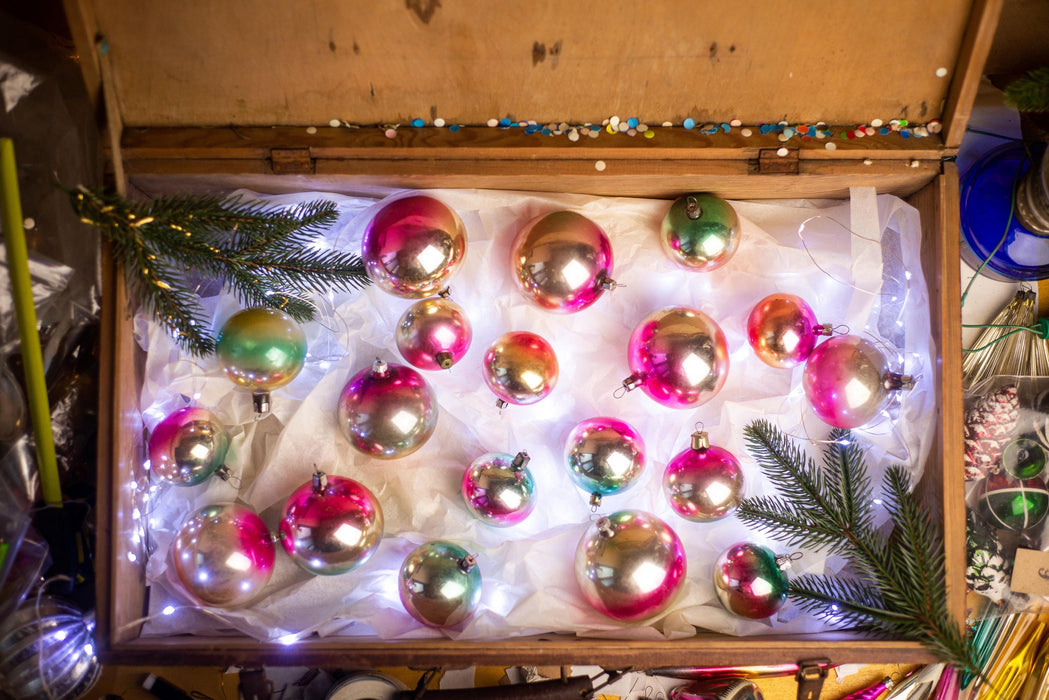 Rainbow Vintage Glass Christmas Ornaments – 1970s Boho Xmas Set (3–12 pcs)