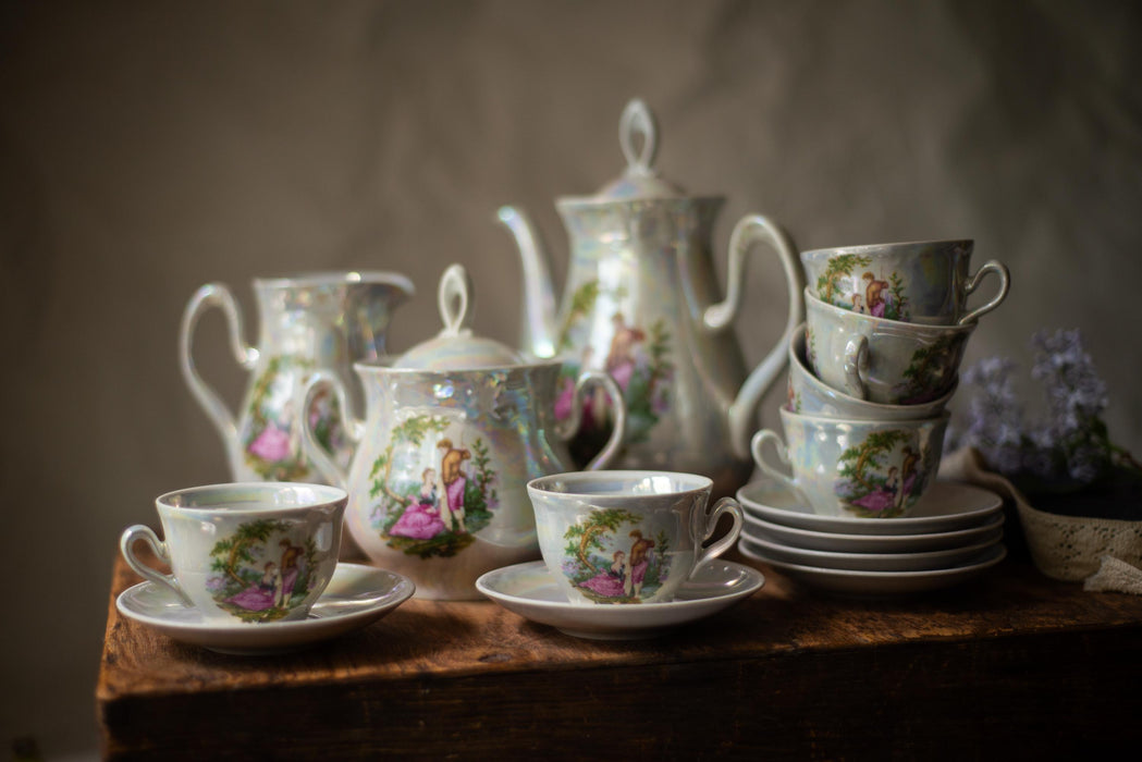 Vintage Madonna Tea Set Lusterware 15 Pieces, German, Art Deco Porcelain Tea Set, Romantic Scene