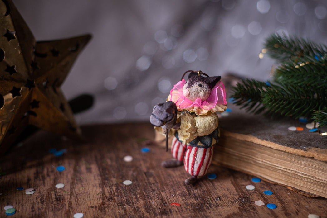 Spun cotton Christmas ornament,  Clown mouse figurine, vintage inspired