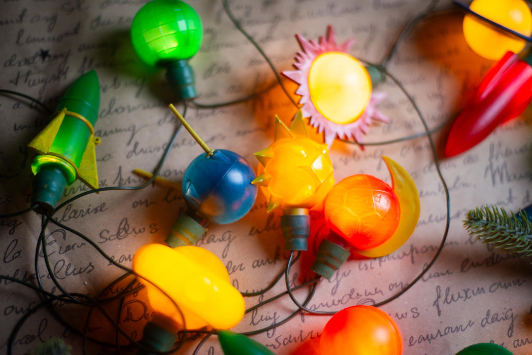 Vintage Space Christmas Lights, Rocket Tree Garland, Working Retro Christmas String Lights