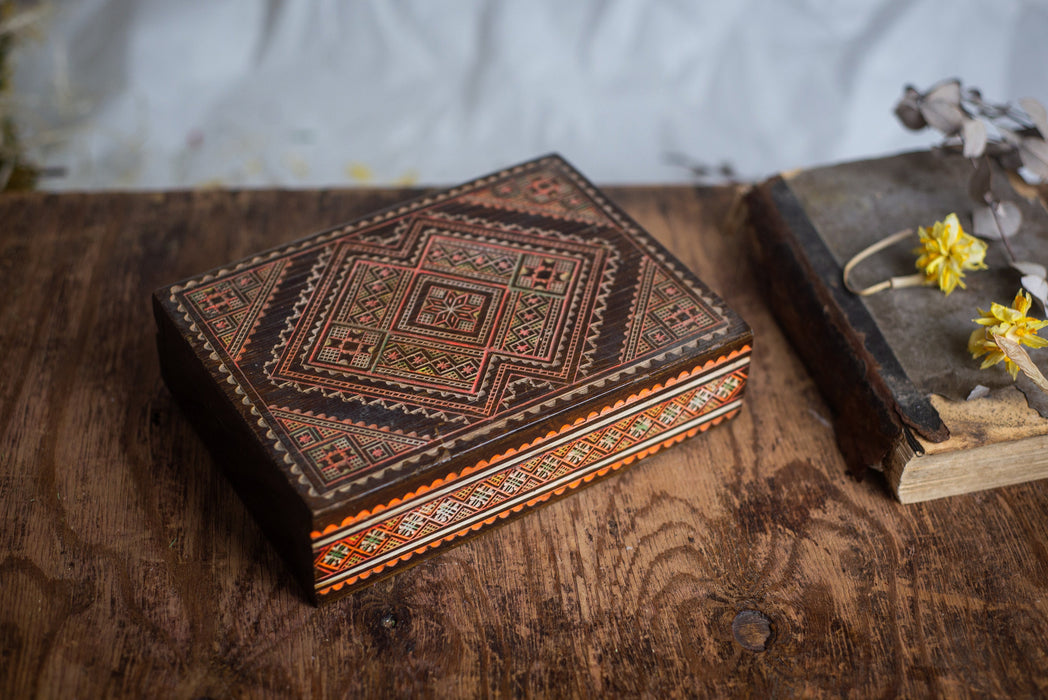 Vintage Wooden Jewelry Box, 1970s Ukrainian Mosaic Box