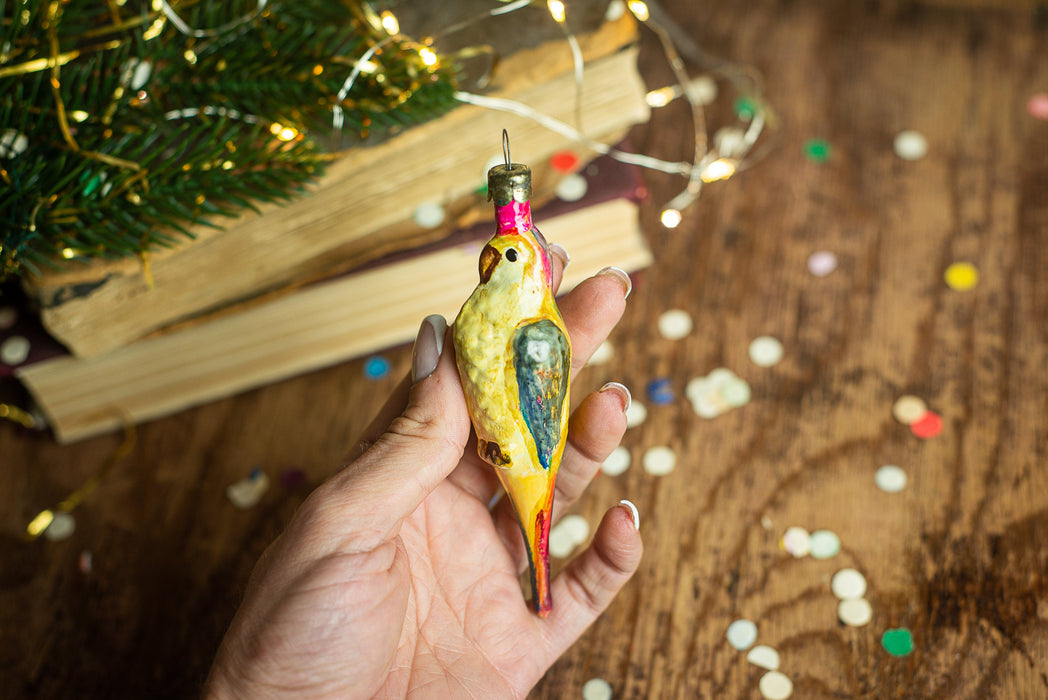Vintage Parrot Glass Ornament, Hand Painted Bird