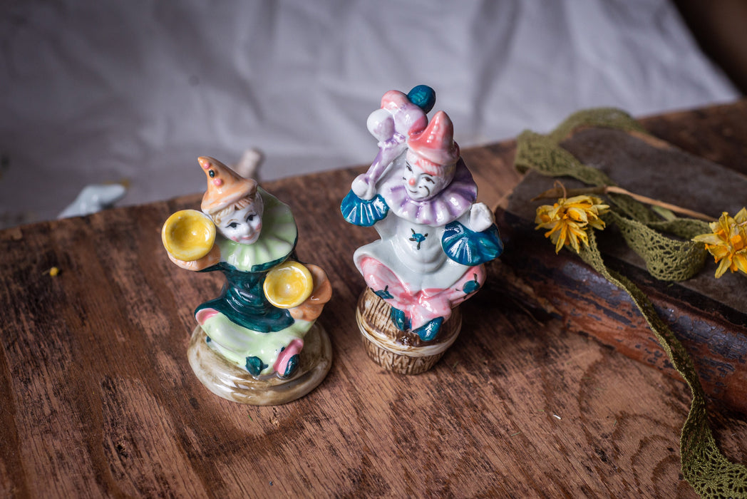 Vintage Porcelain Clown Figurine, German Barrel Italian Harlequin