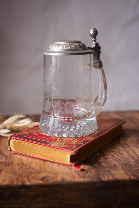 Vintage Glass Beer Stein with Pewter Lid German Barware Tankard