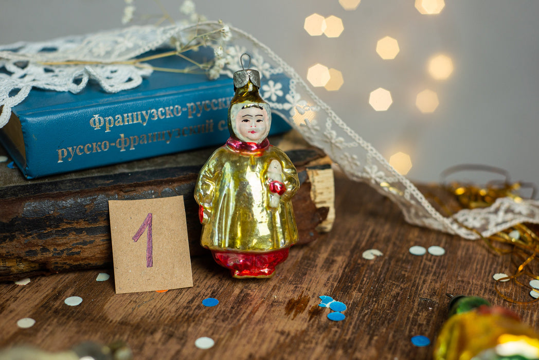 Vintage Girl Glass Ornament, 1960s Soviet Christmas