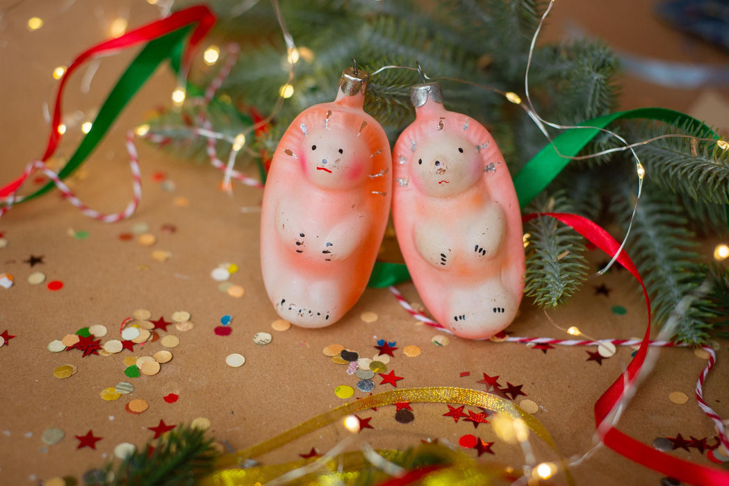 Vintage Glass Hedgehog Christmas Ornament, Hand Painted