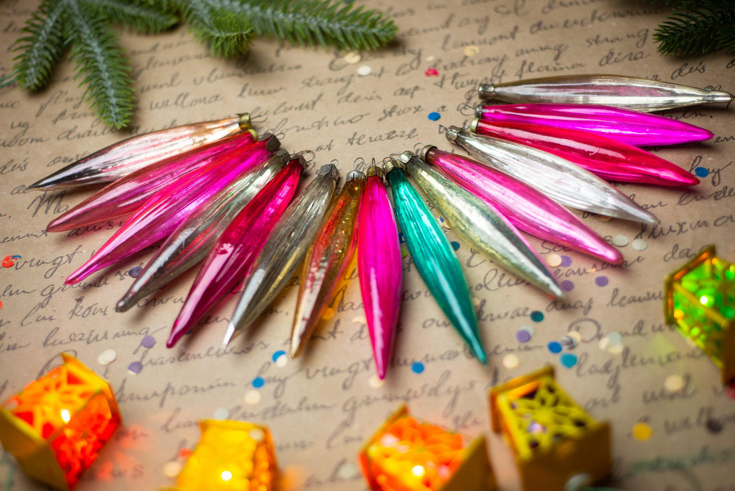 Long Vintage Glass Icicle Ornaments, Pink & Silver – 1950s