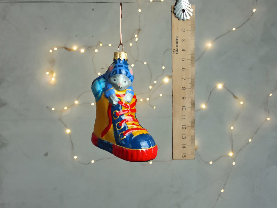 Vintage Glass Mouse Ornament in Shoe, Hand Painted
