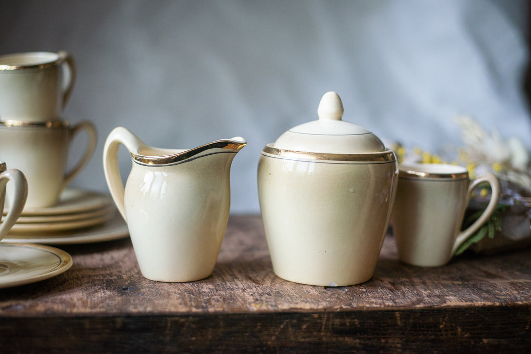Vintage Porcelain tea set, milk jug, sugar bowl, beige gold breakfast serving set