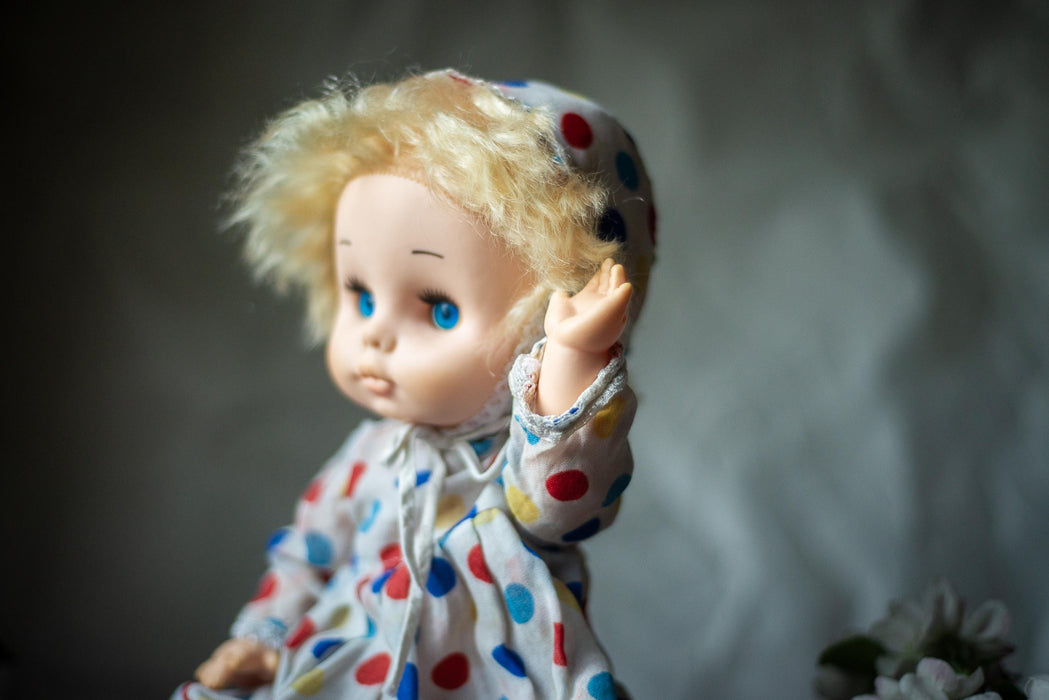 vintage 1970s german doll, Blue-Eyed Polka Dot Outfit Doll