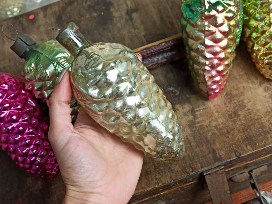 Large Vintage Glass Pine Cone Ornament, Retro Christmas