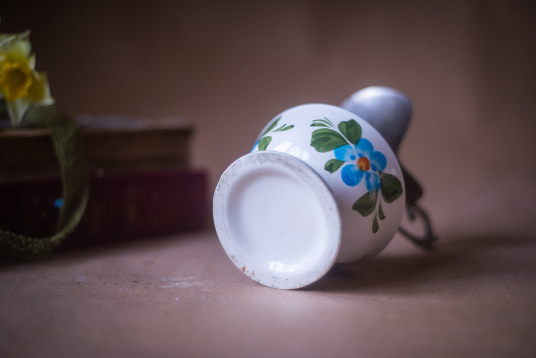 Ceramic jug with metal top, hand-painted clay carafe, 1970s German pitcher, blue flower ornament, mother's day gift