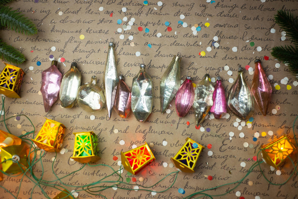 Vintage Pink Silver Glass Christmas Ornaments Set of 12, 1950s Mixed Baubles