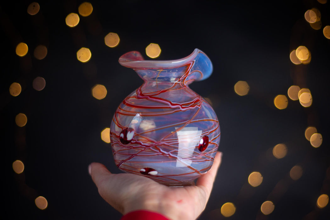 vintage Murano glass vase, Red White Ruffled Rim Hand-Blown