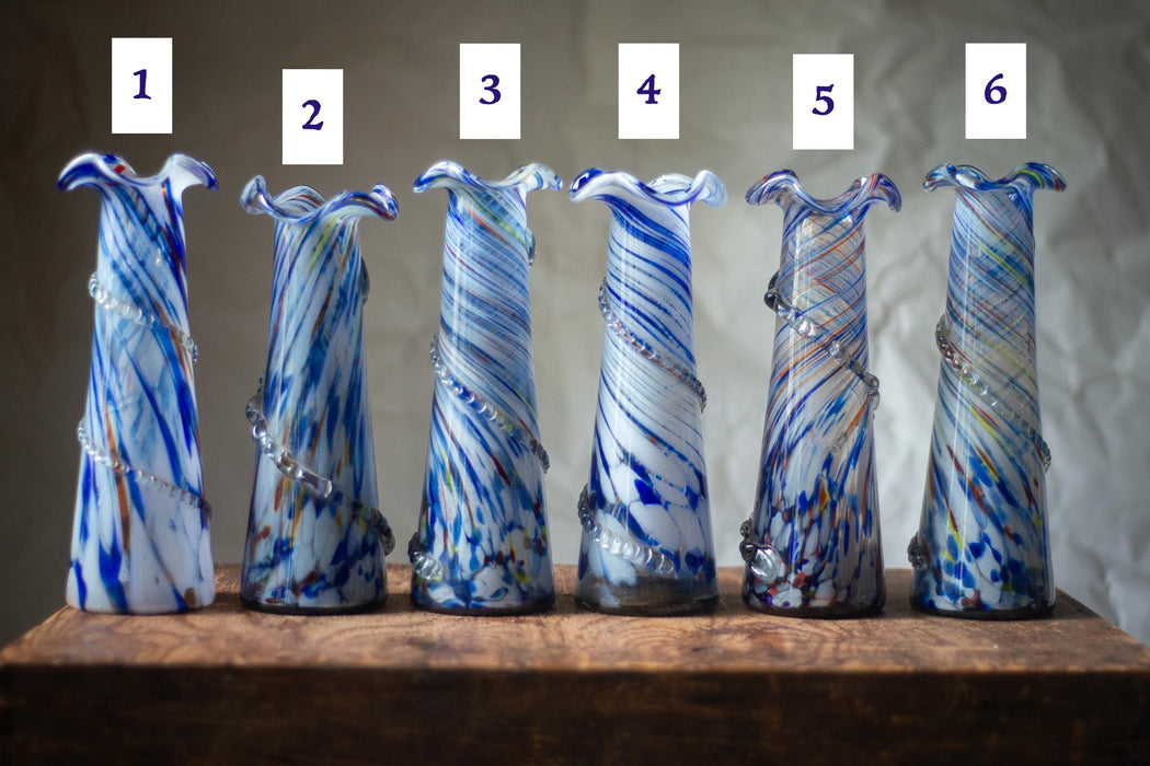 Murano Glass Vase, vintage Blue White Cobalt Swirl Mid Century, Boho flower vase