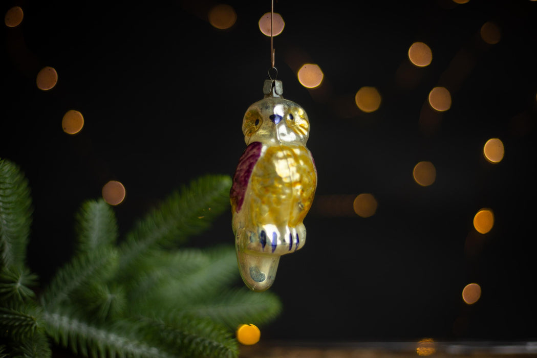 Vintage Glass Owl Christmas Ornament, Silver Bird Tree