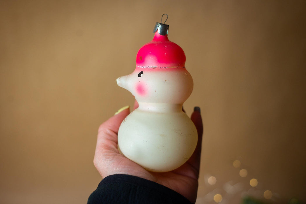 Vintage Glass Snowman Ornament, 1970s Rustic Christmas