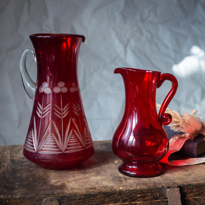 Vintage Ruby Red Glass Pitcher, Czech Crystal Hand Cut Mid Century Water Jug