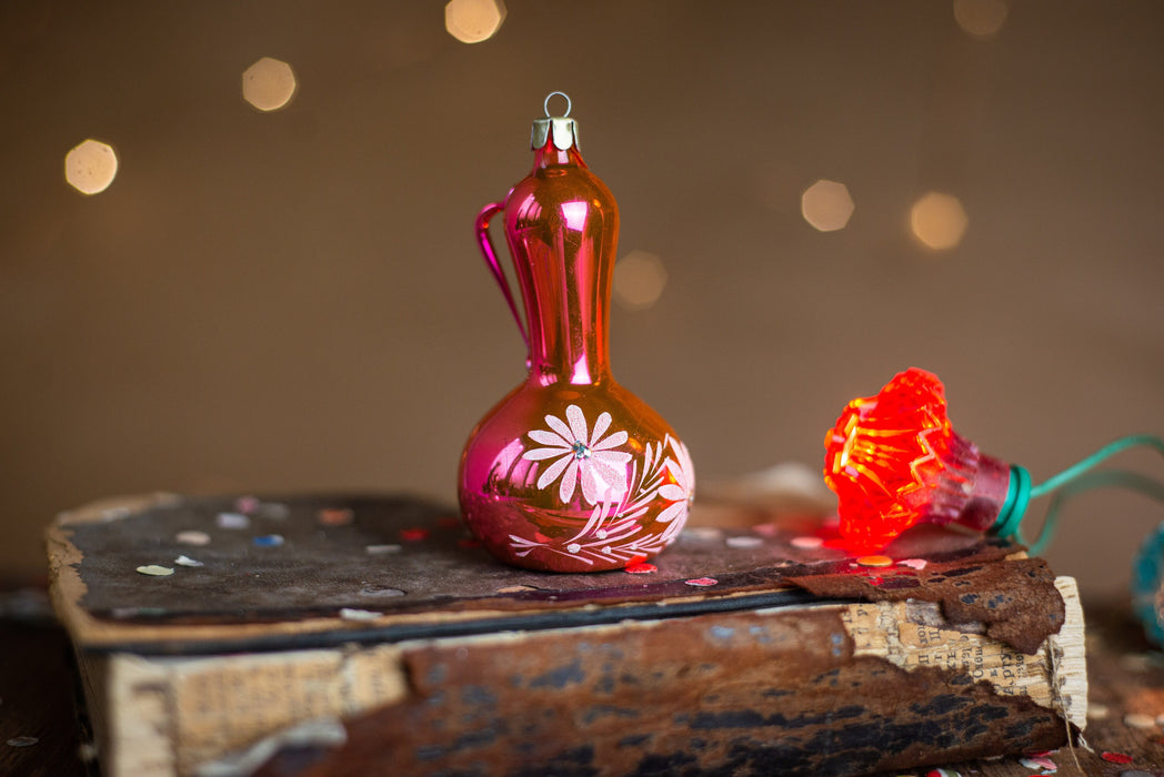 Vintage Glass Jug Christmas Ornament, Hand Painted Floral