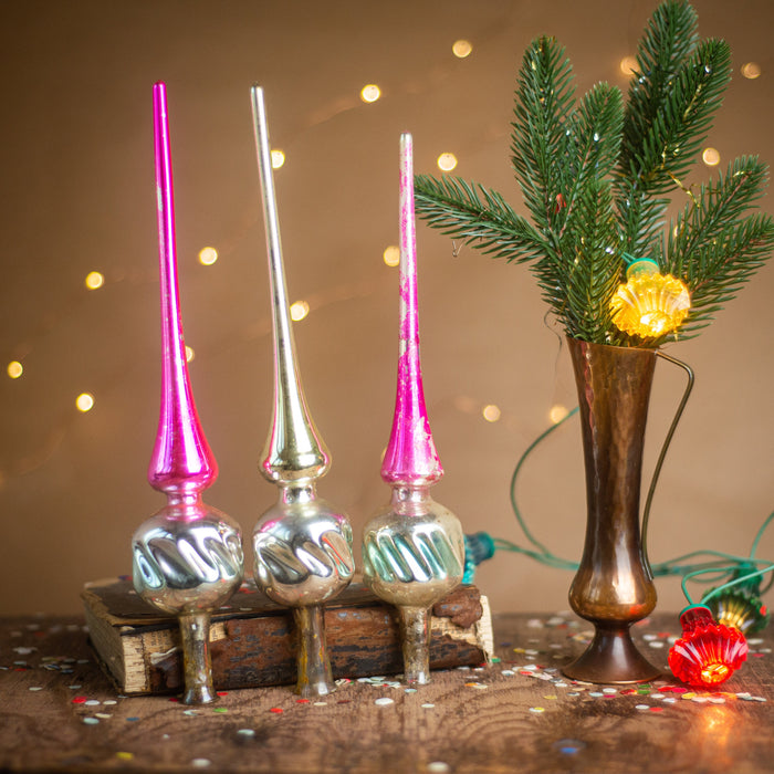 Vintage Silver & Pink Glass Christmas Tree Topper – 1960s