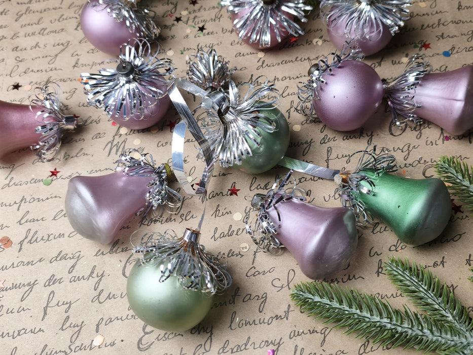 Vintage Frosted Glass Ornament Set – Purple & Green GDR