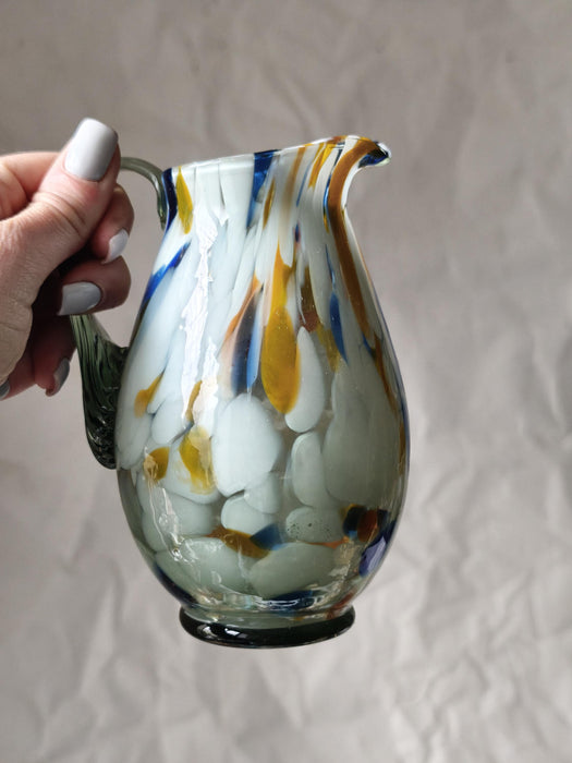 Murano Style Glass Pitcher, Hand-Blown 1970s Colorful Jug Vase In