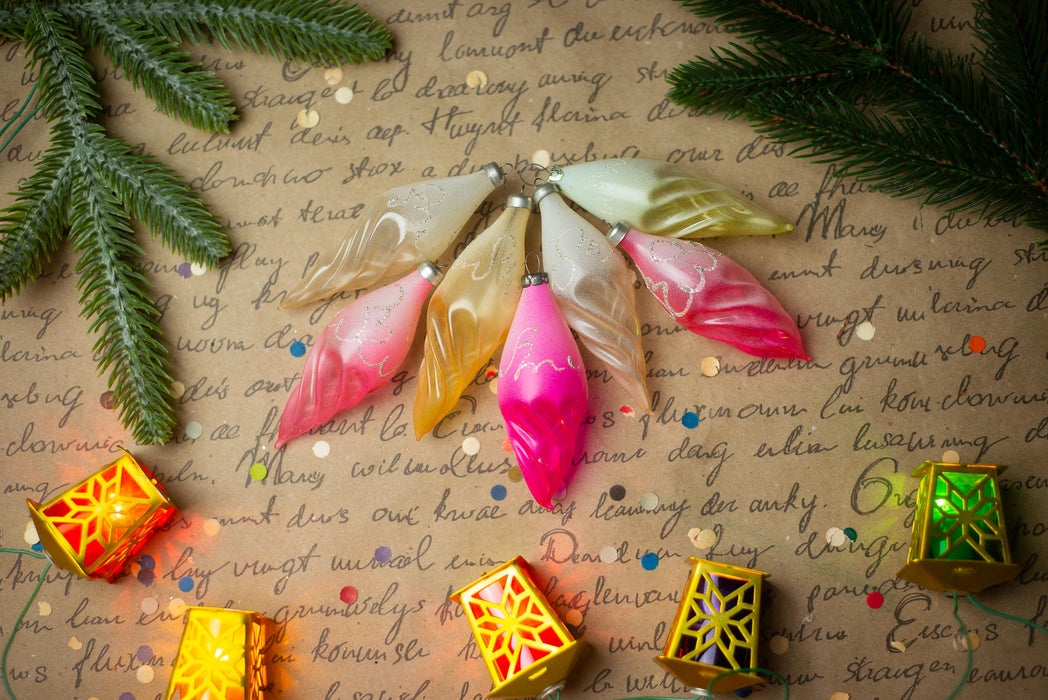 Candy Glass Icicle Christmas Ornaments, Vintage Set of 7