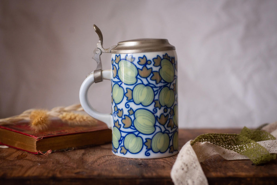 Vintage Bavarian Beer Stein Apple Pattern Ceramic Mug with Lid Germany