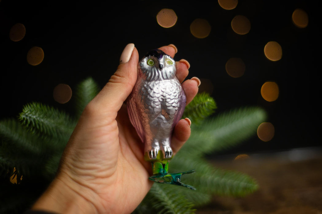 Vintage Glass Owl Christmas Ornament, Silver Bird Tree