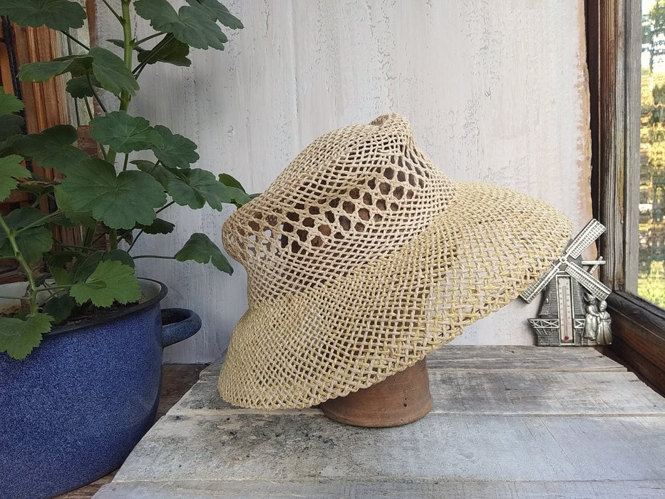 Vintage 1990s Straw Sun Hat, Translucent Light Yellow Wide Brim Boho Style