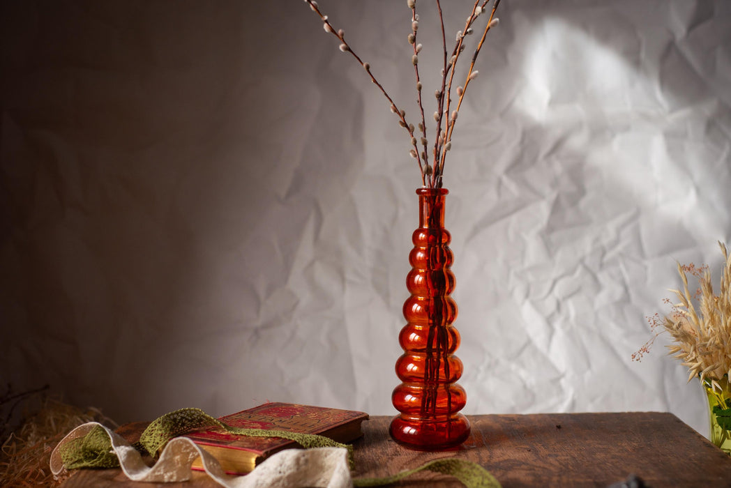 Red Glass Bubble Vase Mid Century 1970s Tall Single Stem Decor
