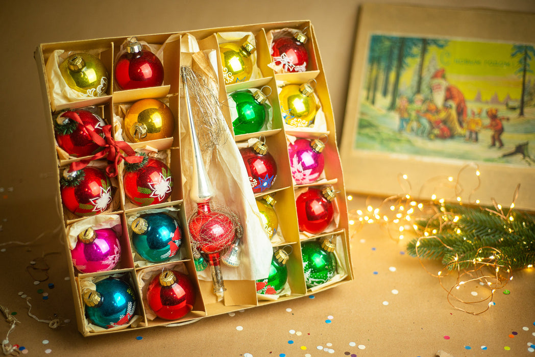 Vintage Hand Blown Glass Christmas Ornament Set: Tree Topper & Balls, German Made