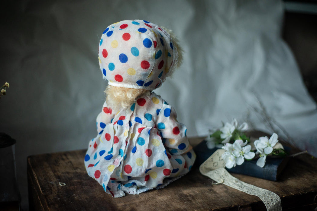 vintage 1970s german doll, Blue-Eyed Polka Dot Outfit Doll