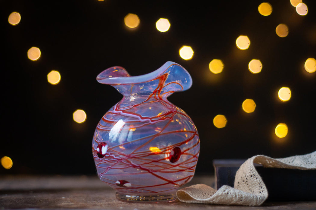 vintage Murano glass vase, Red White Ruffled Rim Hand-Blown