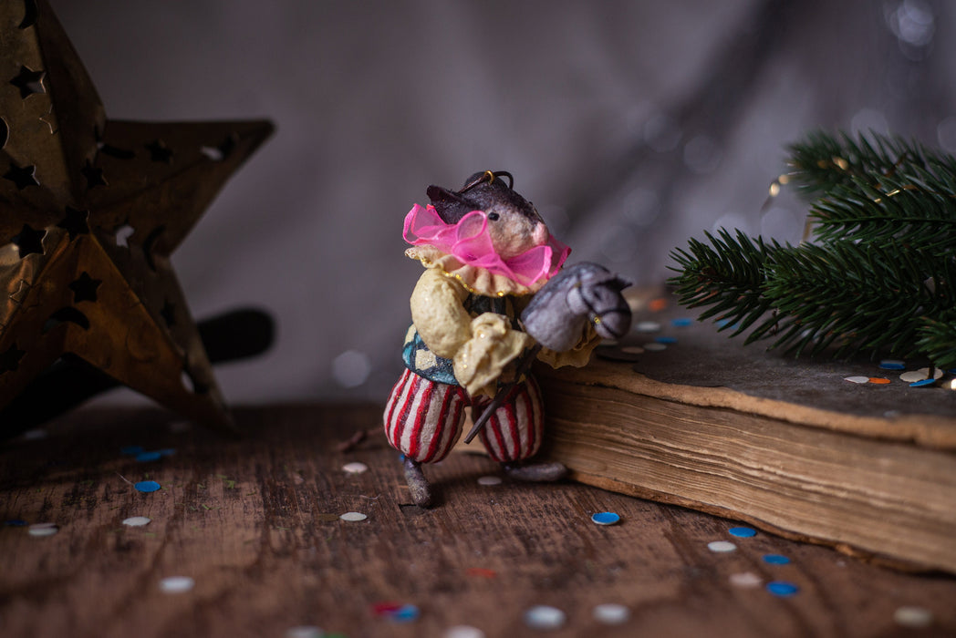 Spun cotton Christmas ornament,  Clown mouse figurine, vintage inspired