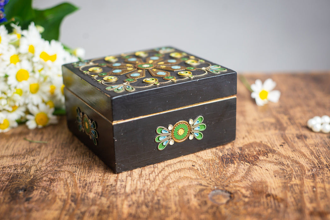 Vintage Wooden Trinket Box with Floral Enamel and Brass Inlay Jewelry Storage
