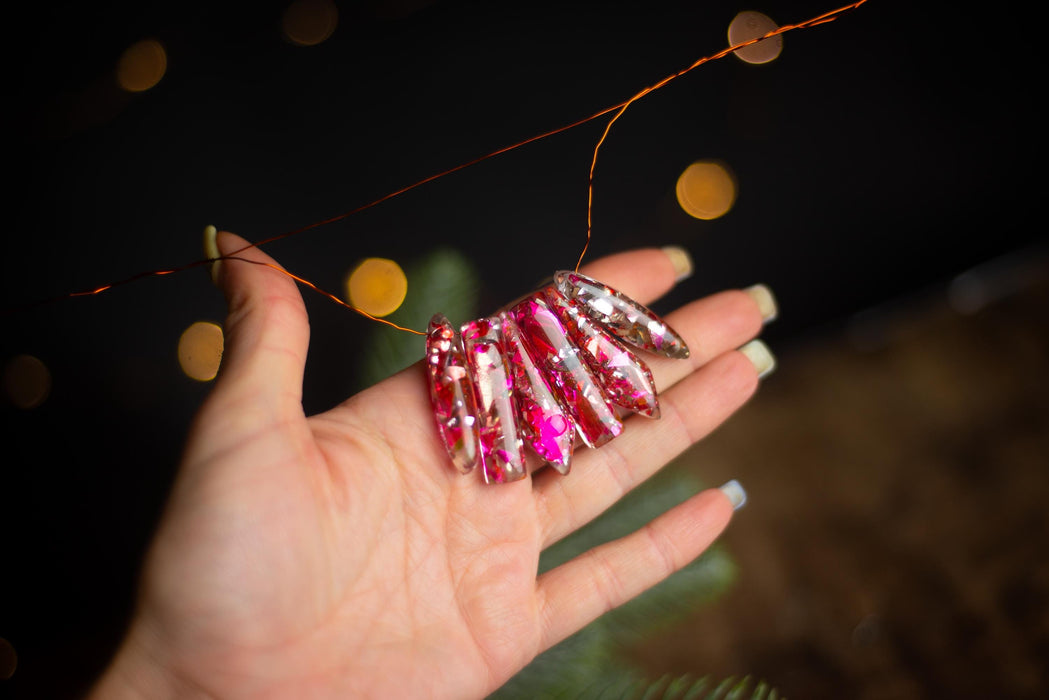 Boho Mosaic Christmas Ornaments, Iridescent Red Glass