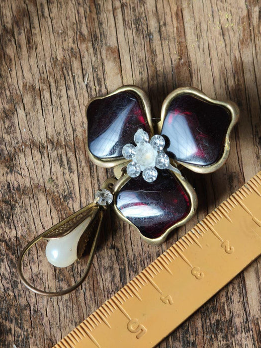 Vintage Flower Brooch Wine Red Glass Art Deco Faux Pearl Pendant Pin