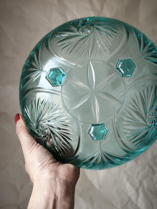 Vintage Glass Bowl – Blue Turquoise Fruit Serving Dish with Pressed Starburst Pattern