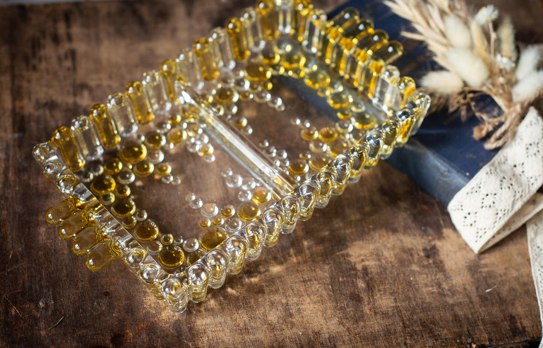 Amber Glass Serving Dish – Vintage 1970s Rectangular Tray with Handle
