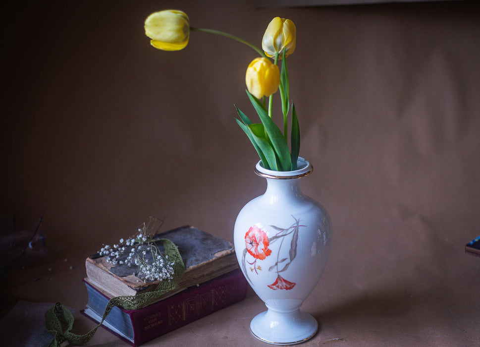 Vintage white porcelain vase, with red poppies, thomas Bavaria vase, 70th