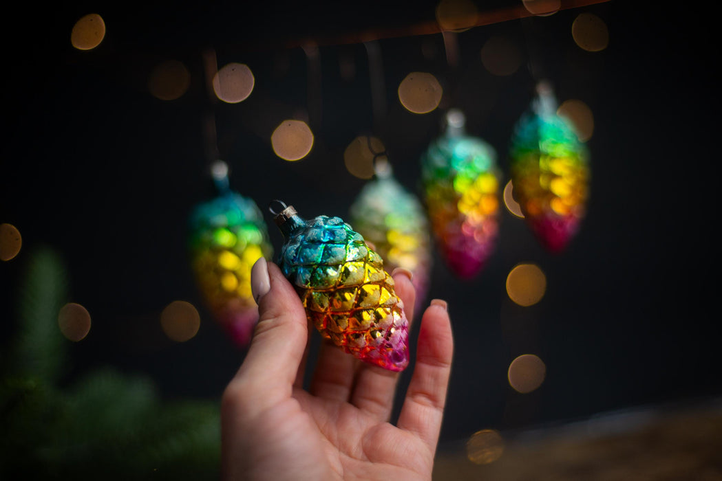 Vintage Rainbow Pine Cone Ornaments, GDR 1960s Thin Glass Set