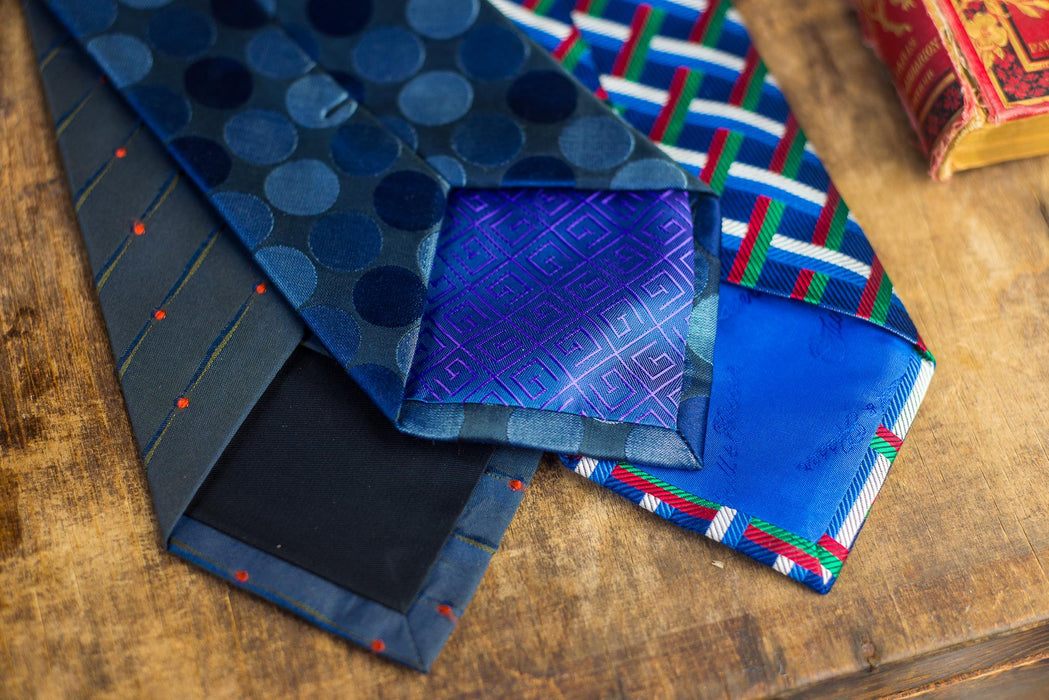 Vintage Designer Silk Neckties, Geometric Blue Red Tie Collection, Wedding Necktie