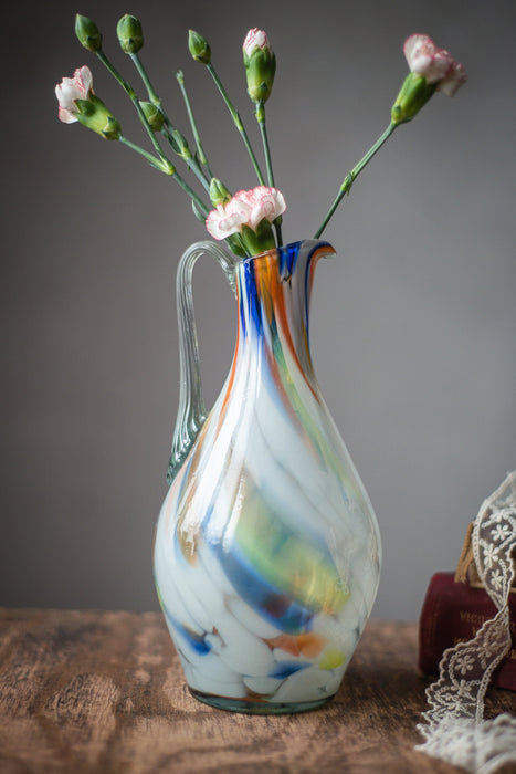 Vintage pitcher with handle, Water milk jug, Murano glass flower vase, Vintage glassware, Collectible glass