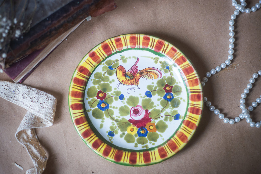 Rustic hand painted ceramic plate with flower and bird ornament, vintage, Germany